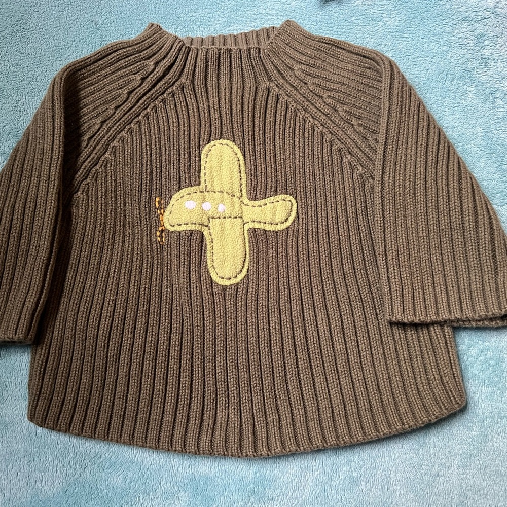 Vintage Gymboree Boys Olive Knit Sweater with Airplane Design size 3-6 month